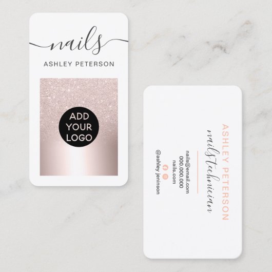 Matig roos goud glitter metallic nagelspijkers scr visitekaartje (Voorkant / Achterkant)