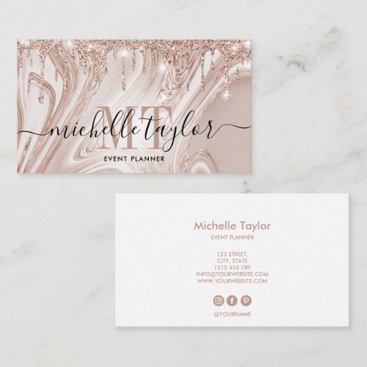 Matig roos gouddruppels marmer monogram visitekaartje (Voorkant / Achterkant)