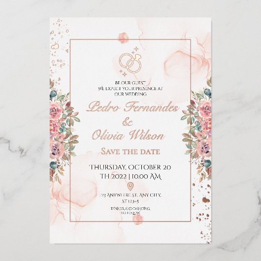 Matig roos goudfolie bruiloft folie uitnodiging (Voorkant)