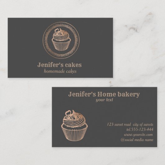 Matig roos goudfolie cupcake homemade bakker visitekaartje (Voorkant / Achterkant)