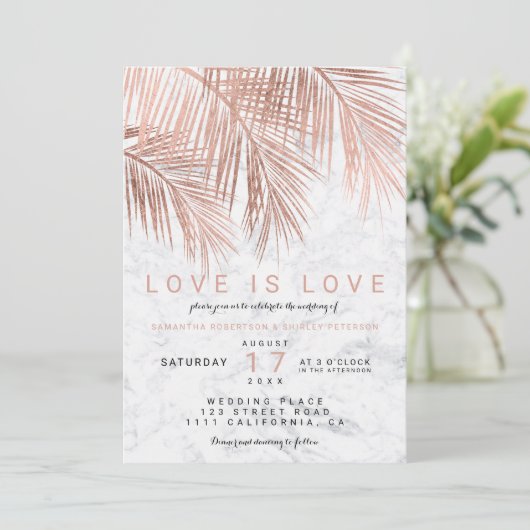 Matig roos goudpalm marmer lesbische bruiloft kaart (Staand voorkant)