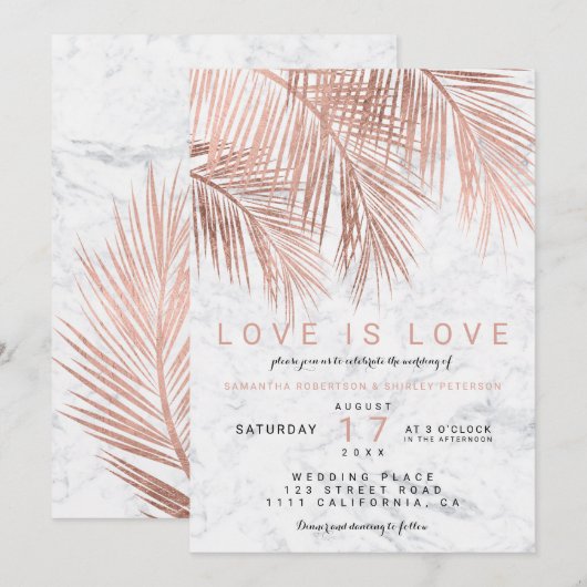 Matig roos goudpalm marmer lesbische bruiloft kaart (Voorkant / Achterkant)
