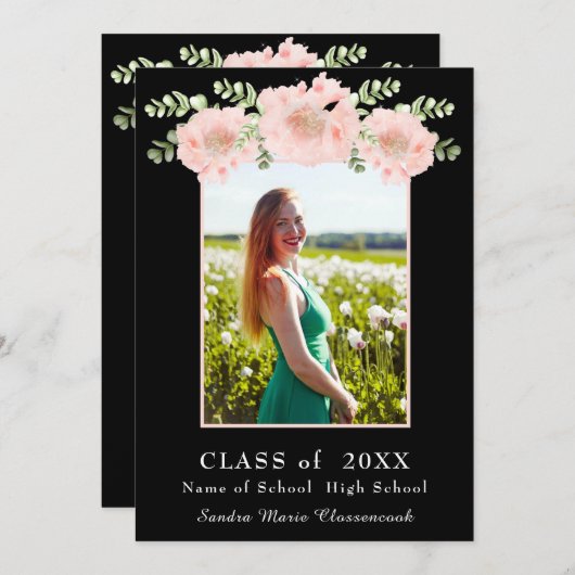 Matig, roze bloem afstuderen aankondiging (Voorkant / Achterkant)