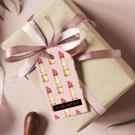 Matig roze en rode lipstick, meisje met naam cadeaulabel