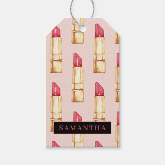 Matig roze en rode lipstick, meisje met naam cadeaulabel (Voorkant)