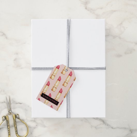 Matig roze en rode lipstick, meisje met naam cadeaulabel (Met Touw)