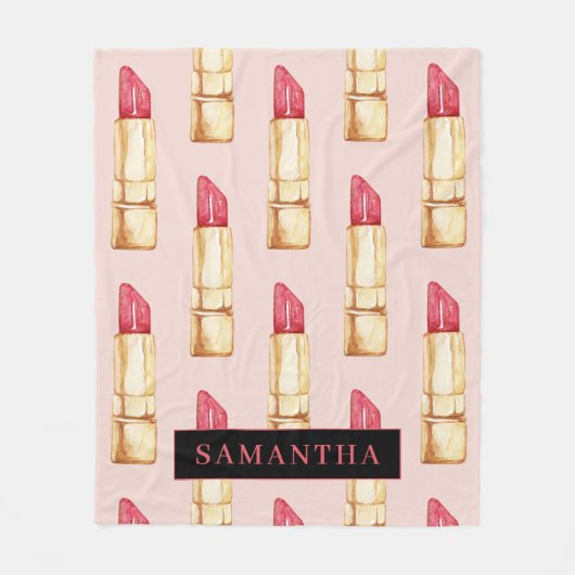 Matig roze en rode lipstick, meisje met naam fleece deken (Voorkant)