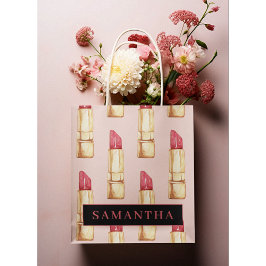 Matig roze en rode lipstick, meisje met naam groot cadeauzakje