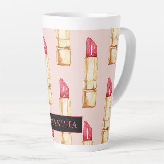 Matig roze en rode lipstick, meisje met naam latte mok (Rechterhoek)