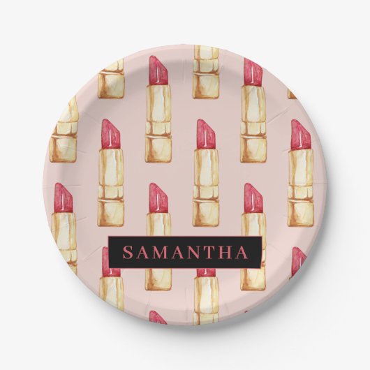 Matig roze en rode lipstick, meisje met naam papieren bordje (Voorkant)