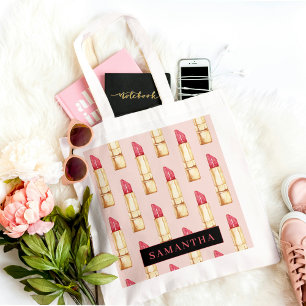 Matig roze en rode lipstick, meisje met naam tote bag