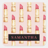 Matig roze en rode lipstick, meisje met naam vierkante sticker (Voorkant)