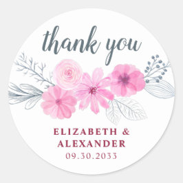 Matig roze grijze waterverf bloemen lente bedankt ronde sticker