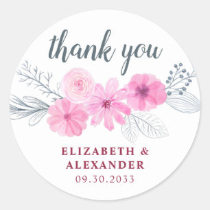 Matig roze grijze waterverf bloemen lente bedankt ronde sticker