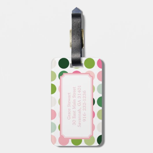 Matig roze, groene stipjes monogram bagagelabel (Achterkant verticaal)