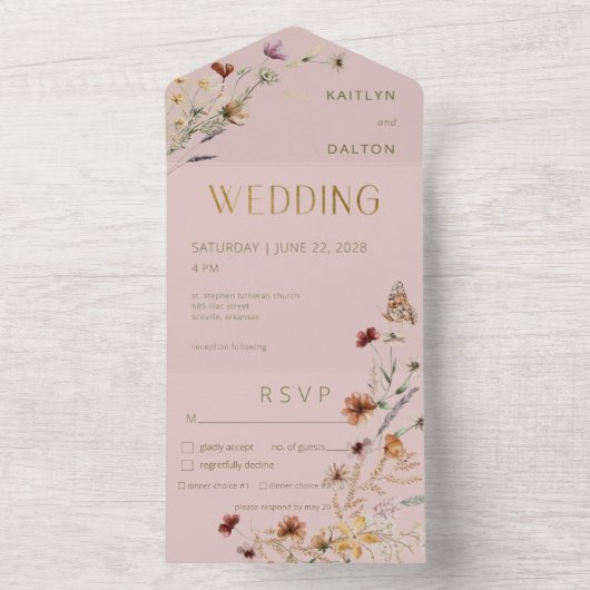 Matig Roze Wildflower Bouquet Dinner All In One Uitnodiging (Binnen)