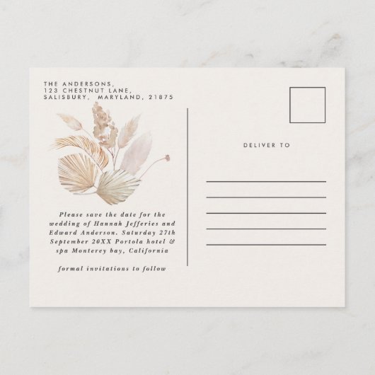 Matig rustig botanisch elegant pamapgras aankondigingskaart (Achterkant)