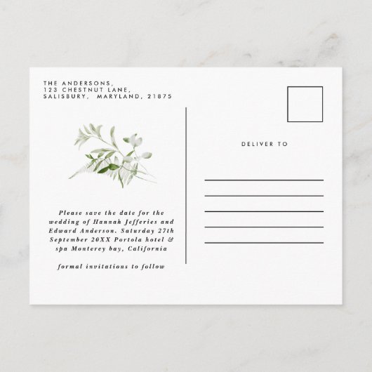 Matig rustige eucalyptus botanische elegant groen aankondigingskaart (Achterkant)