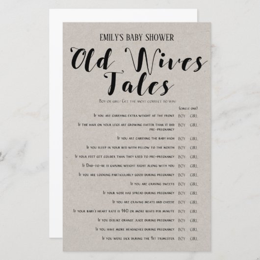 Matig Rustisch Baby shower Game PRINED (Voorkant / Achterkant)
