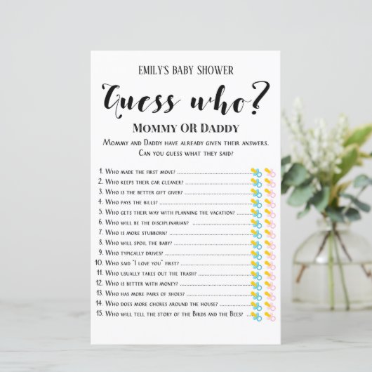 Matig Rustisch Baby shower Game PRINED (Staand voorkant)