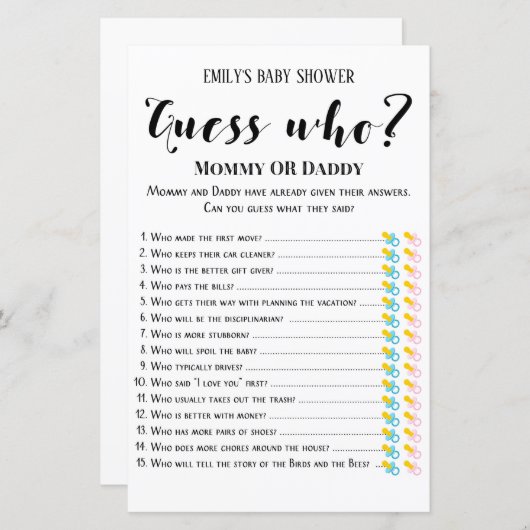 Matig Rustisch Baby shower Game PRINED (Voorkant / Achterkant)