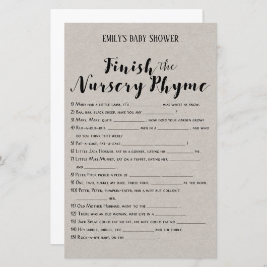 Matig Rustisch Baby shower Game PRINED (Voorkant / Achterkant)