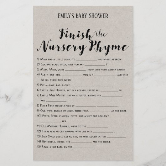 Matig Rustisch Baby shower Game PRINED (Voorkant)