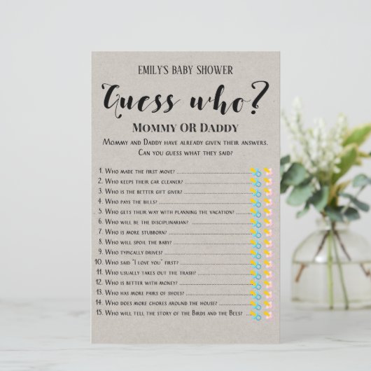 Matig Rustisch Baby shower Game PRINED (Staand voorkant)