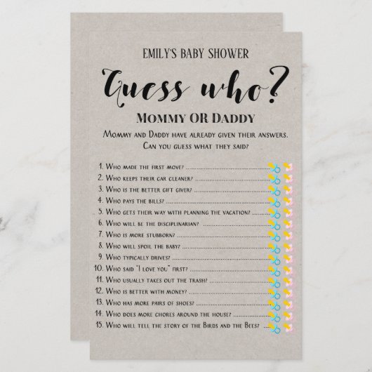 Matig Rustisch Baby shower Game PRINED (Voorkant / Achterkant)