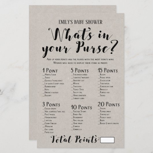 Matig Rustisch Baby shower Game PRINED (Voorkant / Achterkant)