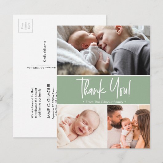 Matig sage groen tweede baby geboortefoto collage aankondigingskaart (Voorkant / Achterkant)