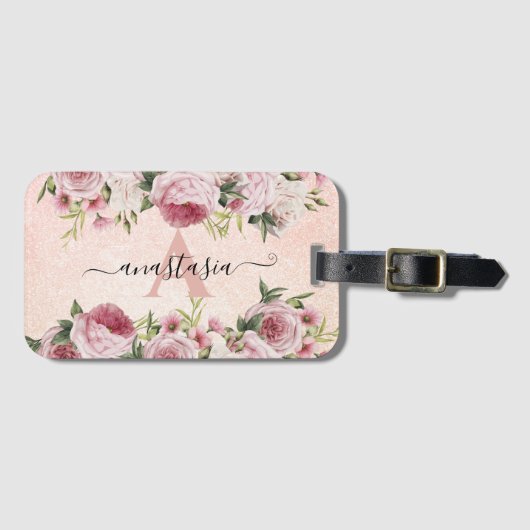 Matig schattig Roze Glitter Roos Gold floral Bagagelabel (Voorkant (horizontaal))