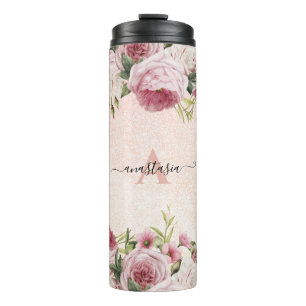 Matig schattig Roze Glitter Roos Gold floral Thermosbeker
