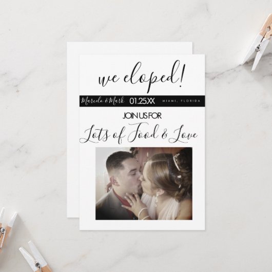 Matig Script Eloped Black White Photo Dinner Kaart (Voorkant / Achterkant in situ)