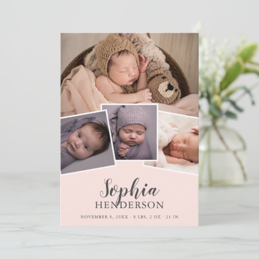 Matig script foto Blush Pink Birth Aankondiging (Staand voorkant)