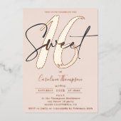 Matig script gootroze foto Sweet 16 roos goud Folie Uitnodiging (Voorkant)