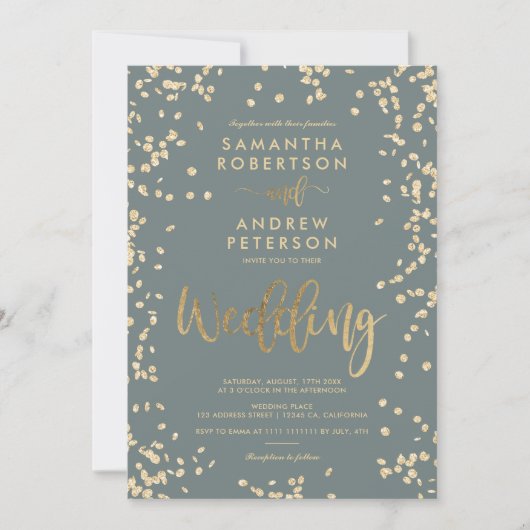 Matig script goudfolie confetti gray bruiloft kaart (Voorkant)
