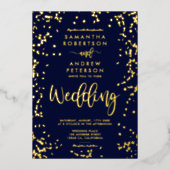 Matig script goudfolie confetti navy blue bruiloft folie uitnodiging (Voorkant)