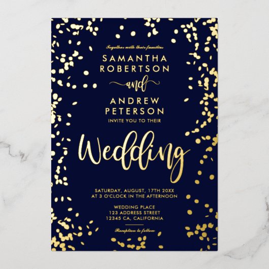 Matig script goudfolie confetti navy blue bruiloft folie uitnodiging (Voorkant)