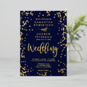 Matig script goudfolie confetti navy blue bruiloft folie uitnodiging (Staand Voorkant)