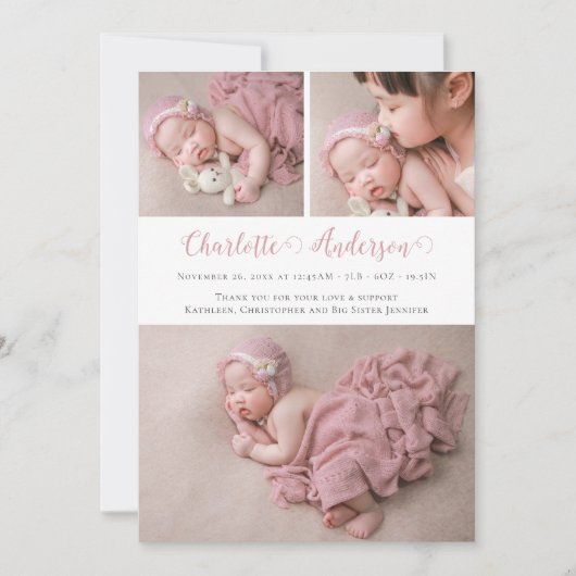 Matig script Newborn 3 Fotocollage geboorte Aankondiging (Voorkant)