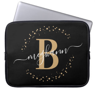Matig Simple Girly Black Gold Monogram Script Laptop Sleeve