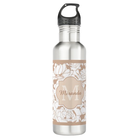 Matig Tan Floral Girly Monogram met naam Waterfles (Voorkant)