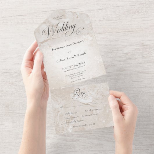 Matig Tan Marble Minimal Monogram Dinner All In One Uitnodiging (Afscheurbaar)