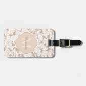 Matig Tan White Floral Girly Monogram met naam Bagagelabel (Voorkant horizontaal)