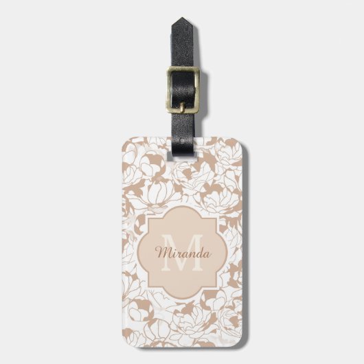 Matig Tan White Floral Girly Monogram met naam Bagagelabel (Voorkant verticaal)