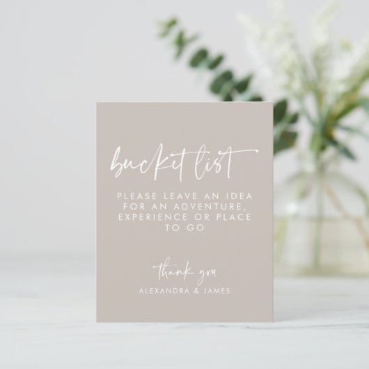 Matig Taupe Script Wedding Bucket List Sign. (Staand voorkant)