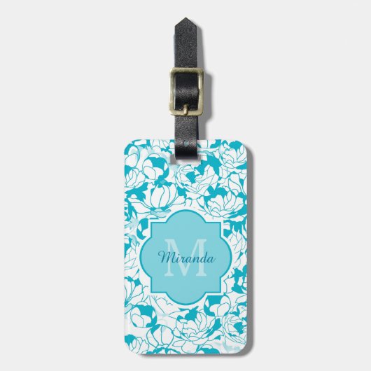 Matig Turquoise Floral Girly Monogram met naam Bagagelabel (Voorkant verticaal)