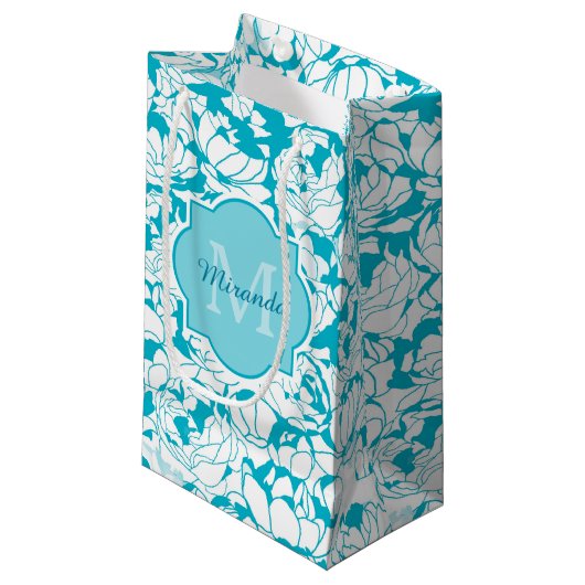 Matig turquoise Floral Girly Monogram met naam Klein Cadeauzakje (Voorkant Gekanteld)