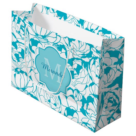 Matig turquoise Floral Girly Monogram met naam Large Cadeautasje (Voorkant Gekanteld)